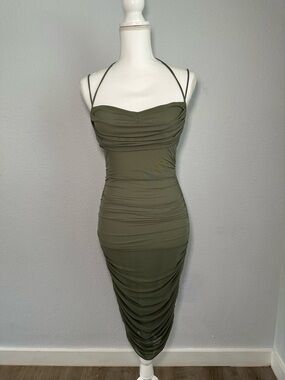 Windsor Olive Ruched Spaghetti-Strap Midi Dress
